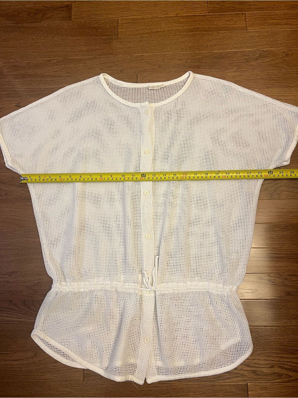 White Short-Sleeve Button-Front Drawstring Mesh Top/Bathing Suit Cover - Picture 6 of 8